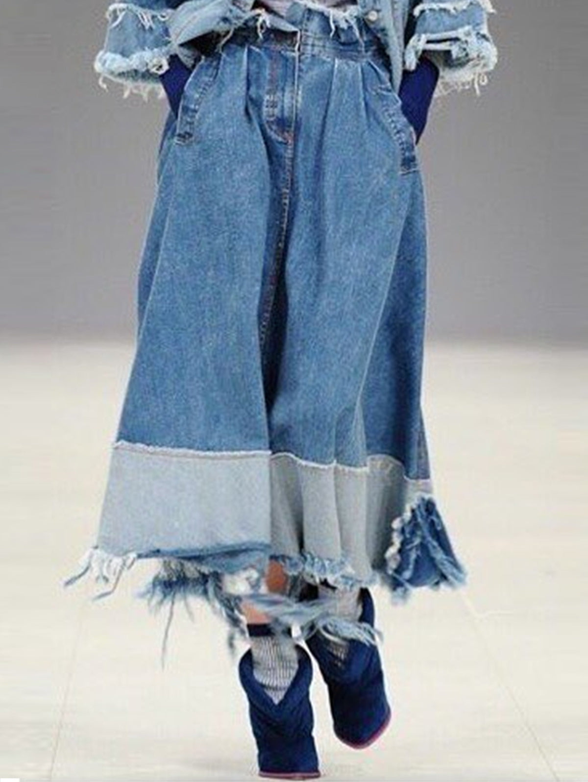 Fashion Spliced Irregular Raw Hem Denim Skirt