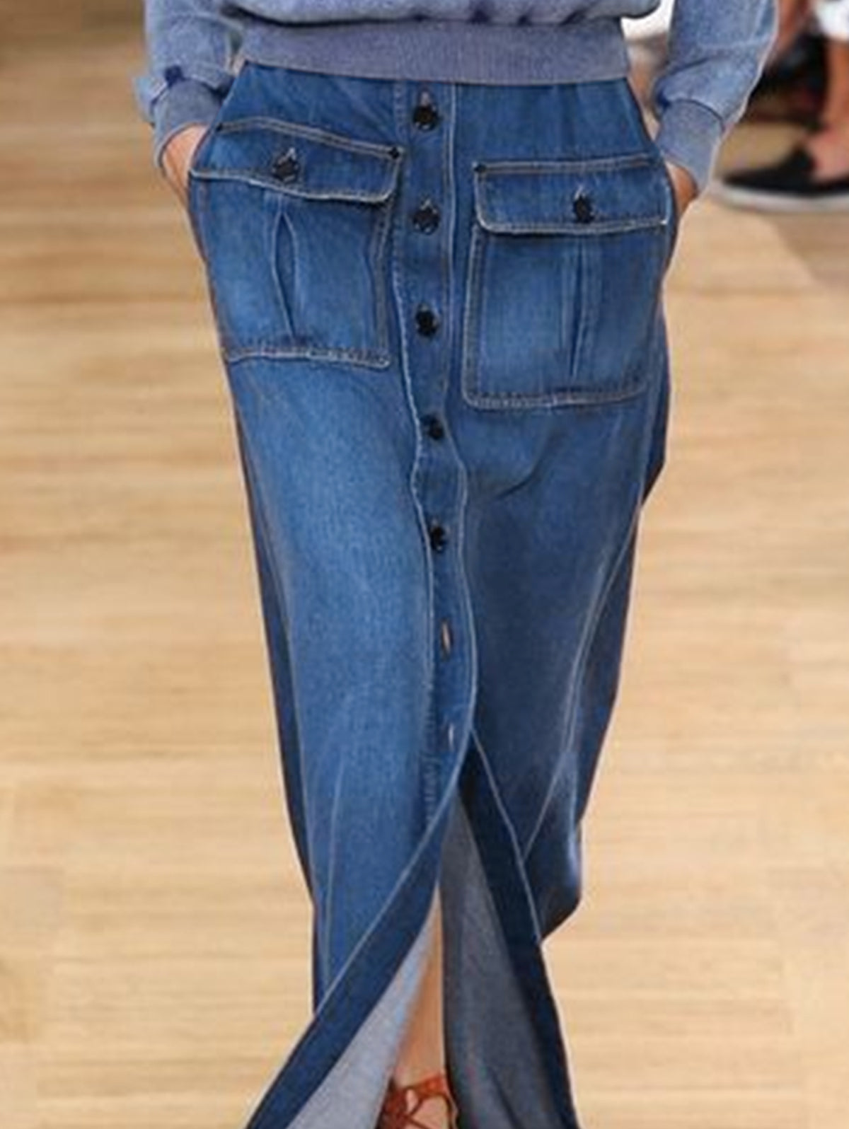 Casual Plain Single Breasted Slit Hem Denim Skirt