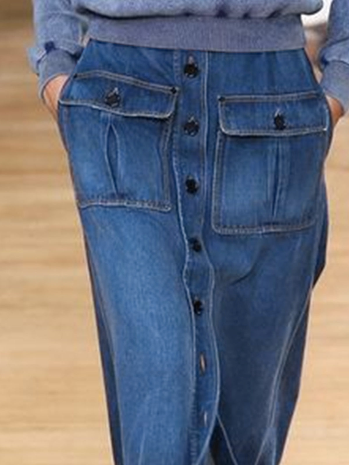 Casual Plain Single Breasted Slit Hem Denim Skirt