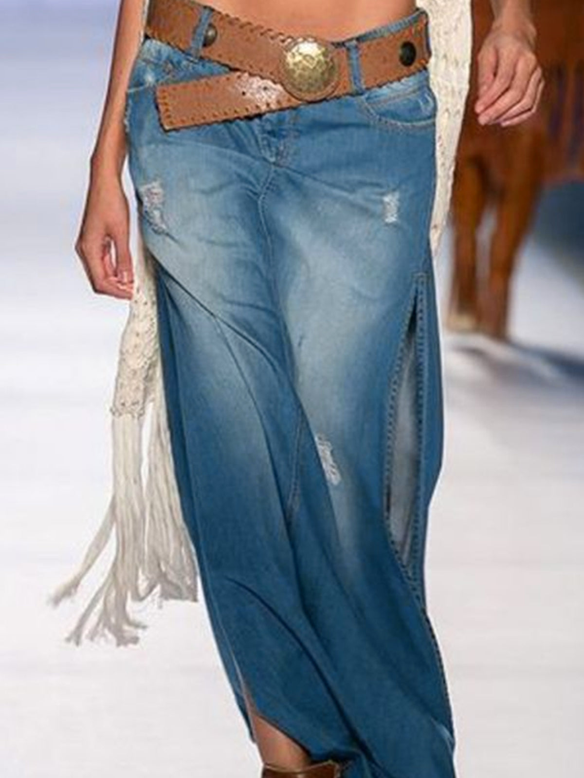 Casual Plain Light Washed Split Hem Denim Skirt