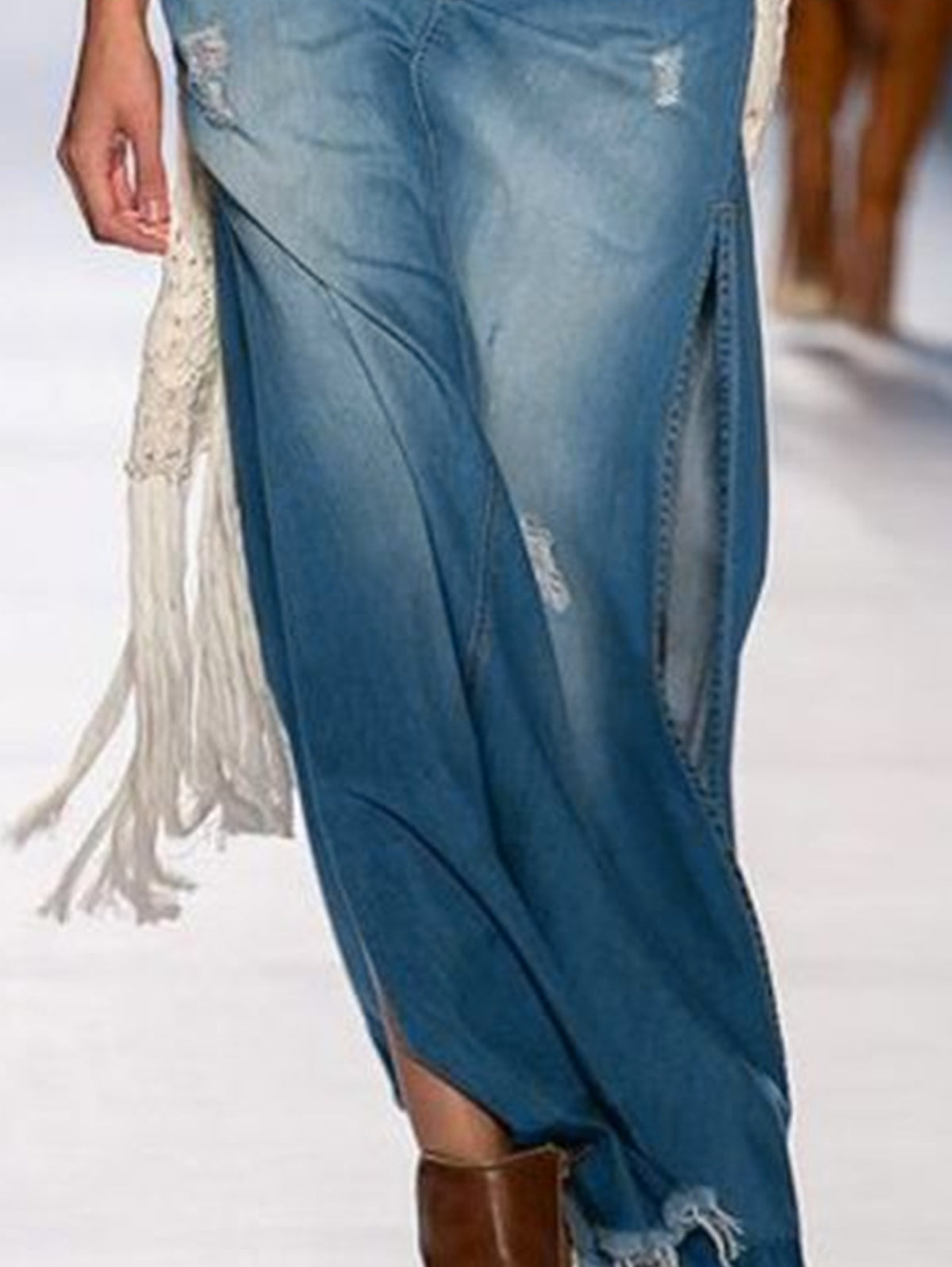 Casual Plain Light Washed Split Hem Denim Skirt