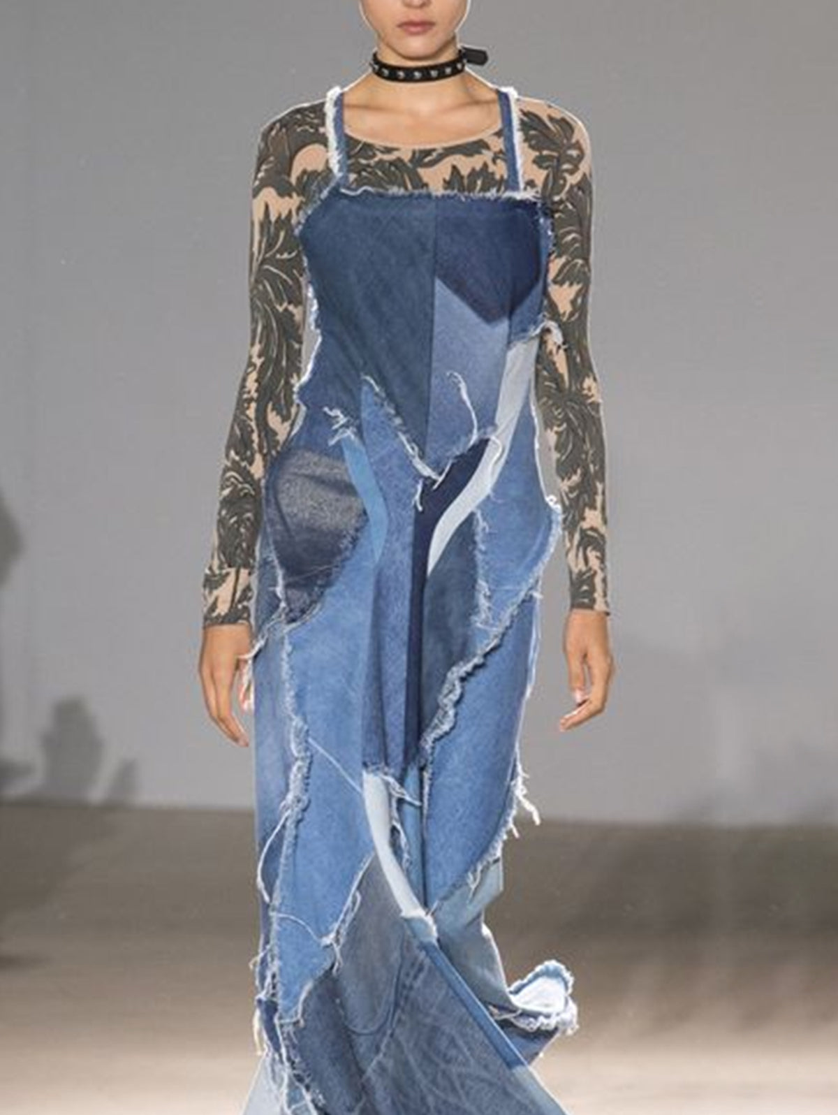 Fashion Spliced Raw Hem Cami Denim Maxi Dress