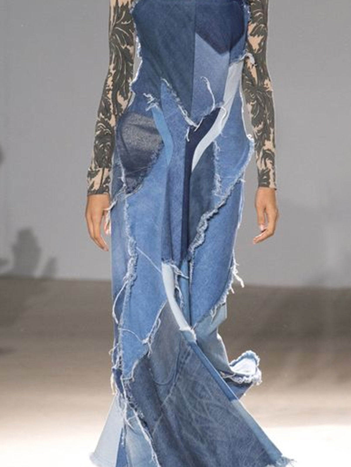 Fashion Spliced Raw Hem Cami Denim Maxi Dress