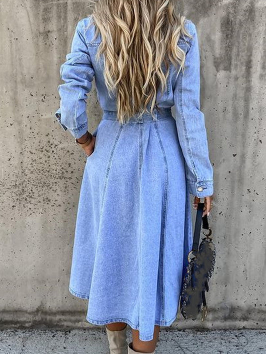 Casual Plain Lapel Collar Knot Waist Long Sleeve Denim Dress