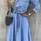 Casual Plain Lapel Collar Knot Waist Long Sleeve Denim Dress