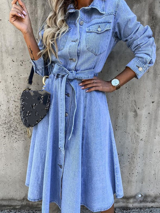 Casual Plain Lapel Collar Knot Waist Long Sleeve Denim Dress