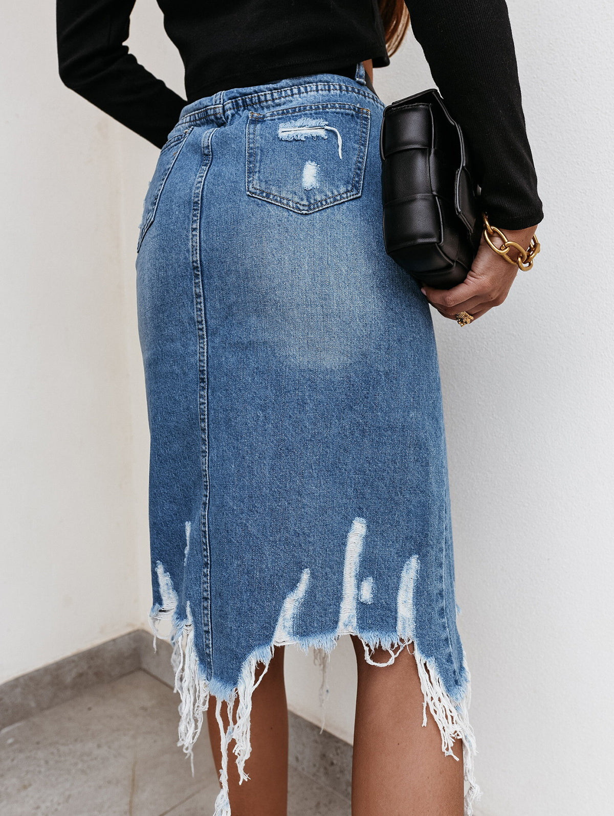 Fashion Ripped Fringed Irregular Hem Denim Skirt