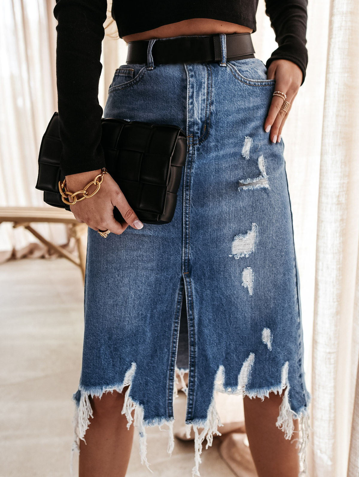 Fashion Ripped Fringed Irregular Hem Denim Skirt