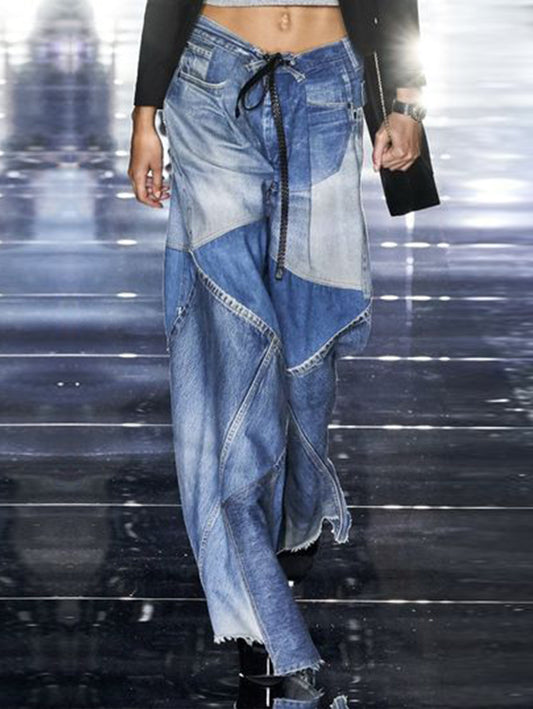 Fashion Plain Spliced Wide Leg Loose Denim Pants