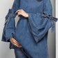 Fashion Plain Tie Arm Trumpet Sleeve Denim Shirt