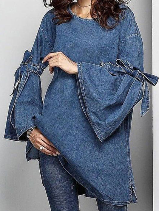 Fashion Plain Tie Arm Trumpet Sleeve Denim Shirt