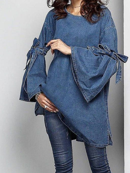 Fashion Plain Tie Arm Trumpet Sleeve Denim Shirt