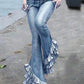 Retro Blue Spliced Pleated Mermaid Long Slim Fit Denim Pants