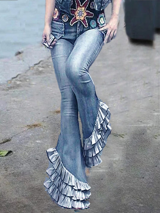 Retro Blue Spliced Pleated Mermaid Long Slim Fit Denim Pants