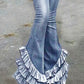Retro Blue Spliced Pleated Mermaid Long Slim Fit Denim Pants