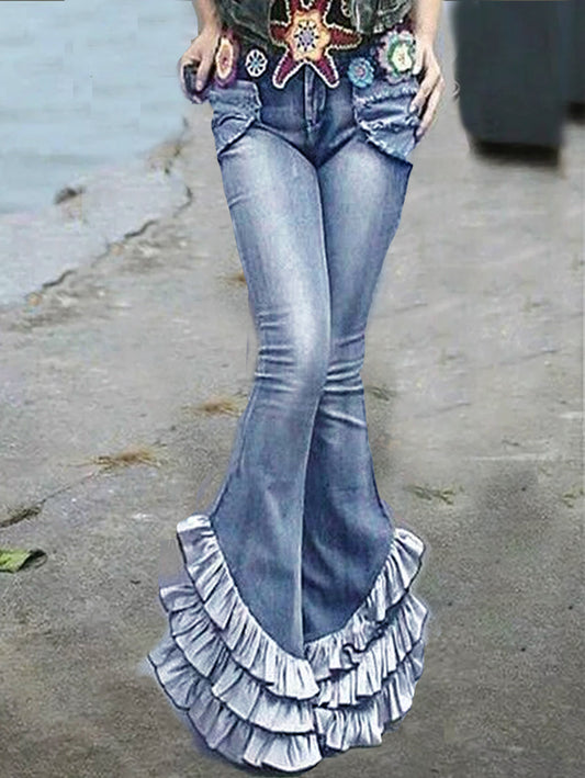 Retro Blue Spliced Pleated Mermaid Long Slim Fit Denim Pants