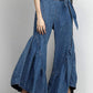 Casual Plain Knot Waist Spliced Ruffle Wide Leg Denim Pants