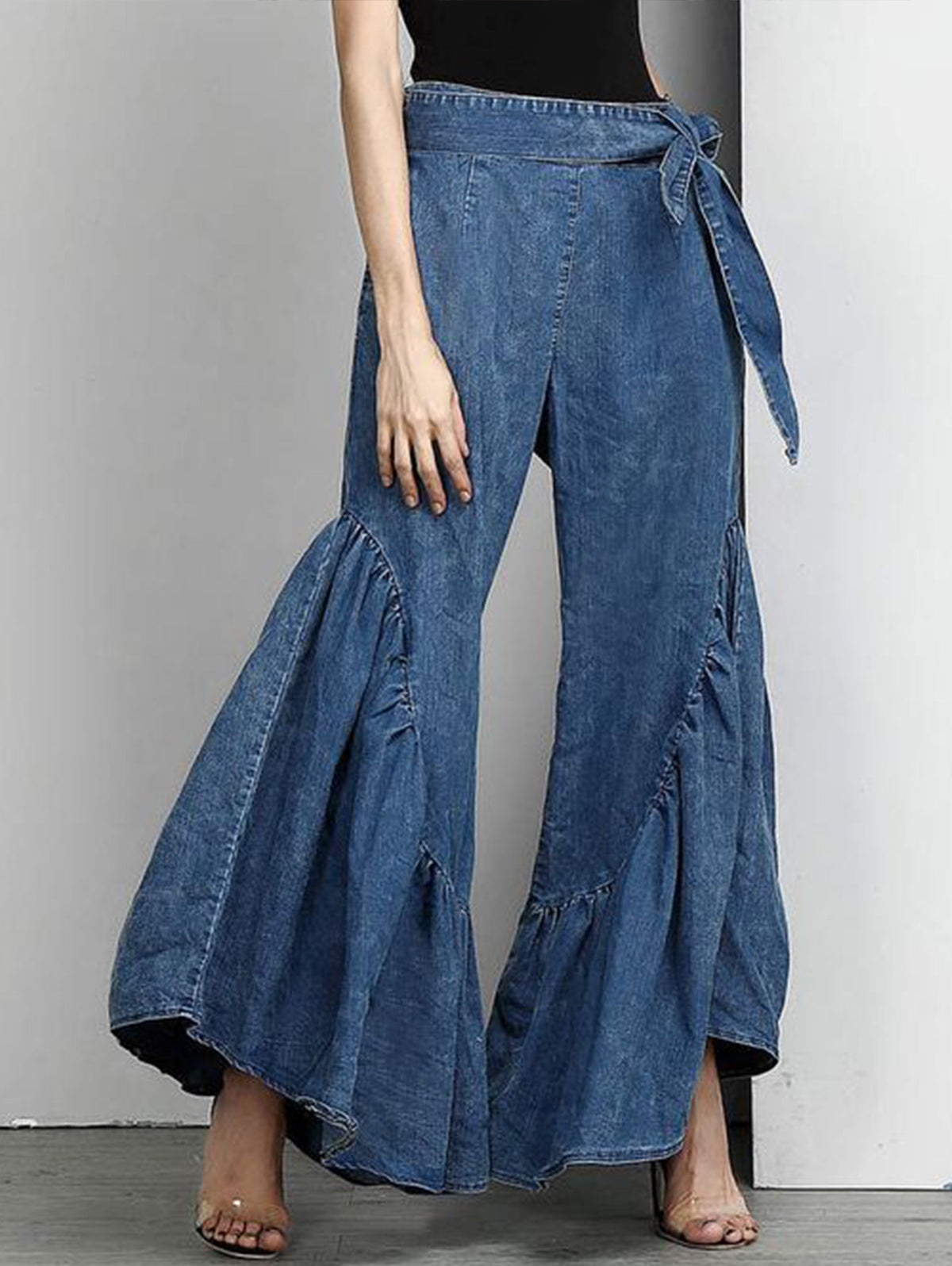 Casual Plain Knot Waist Spliced Ruffle Wide Leg Denim Pants