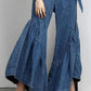Casual Plain Knot Waist Spliced Ruffle Wide Leg Denim Pants