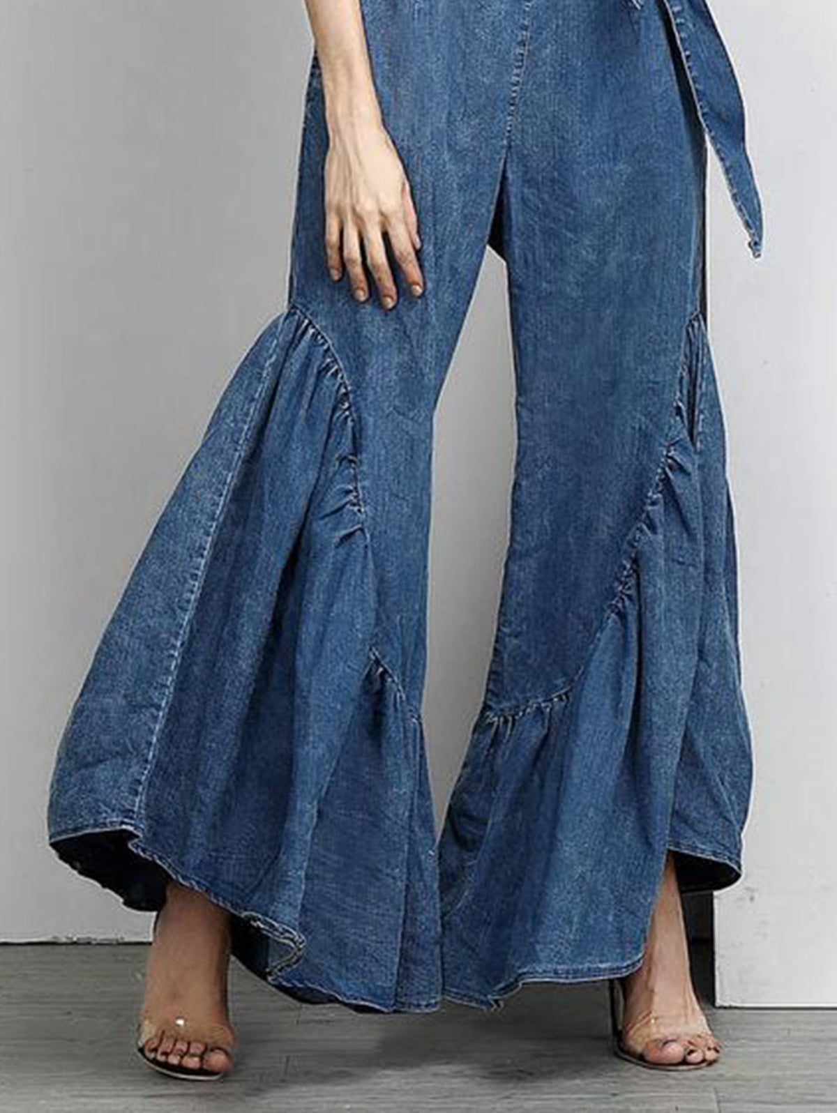 Casual Plain Knot Waist Spliced Ruffle Wide Leg Denim Pants