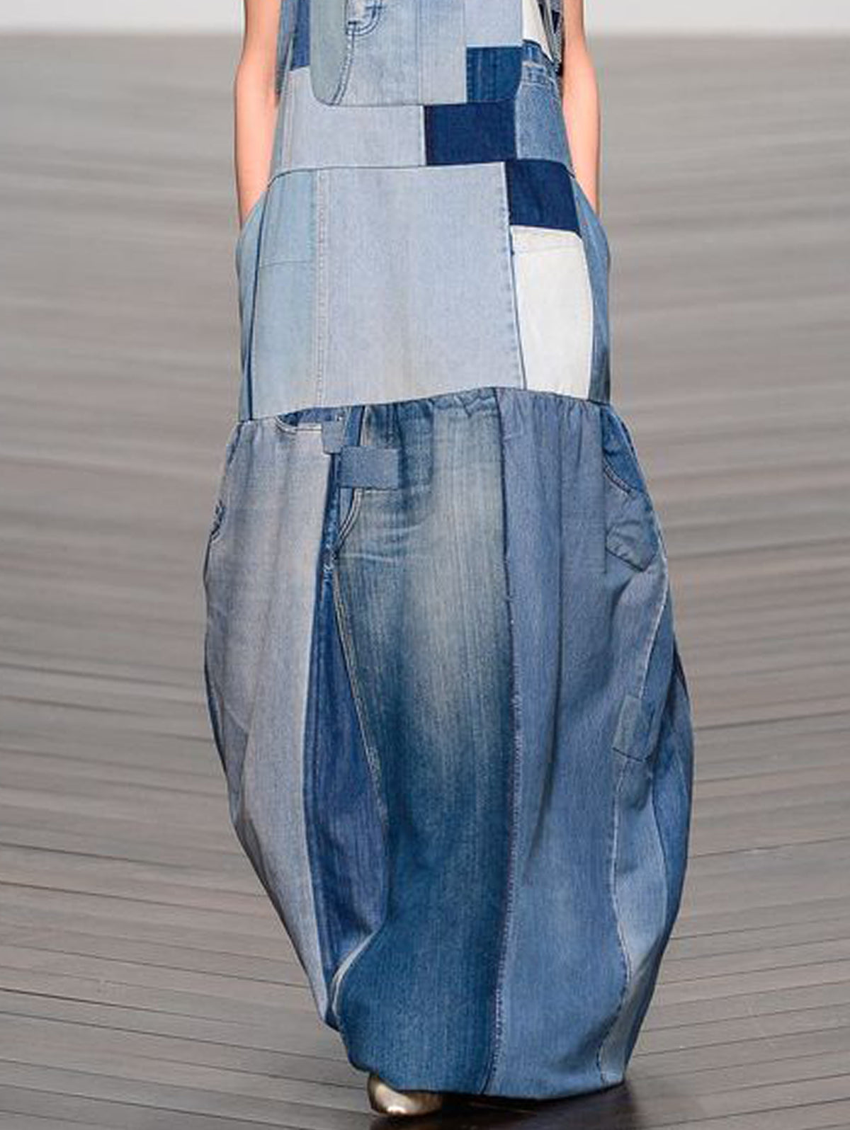 Casual Blue Spliced Denim Pinafore Maxi Dress