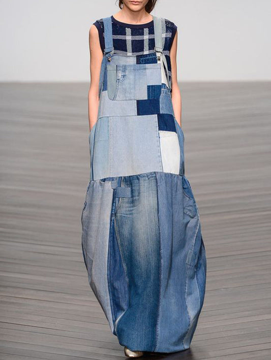 Casual Blue Spliced Denim Pinafore Maxi Dress