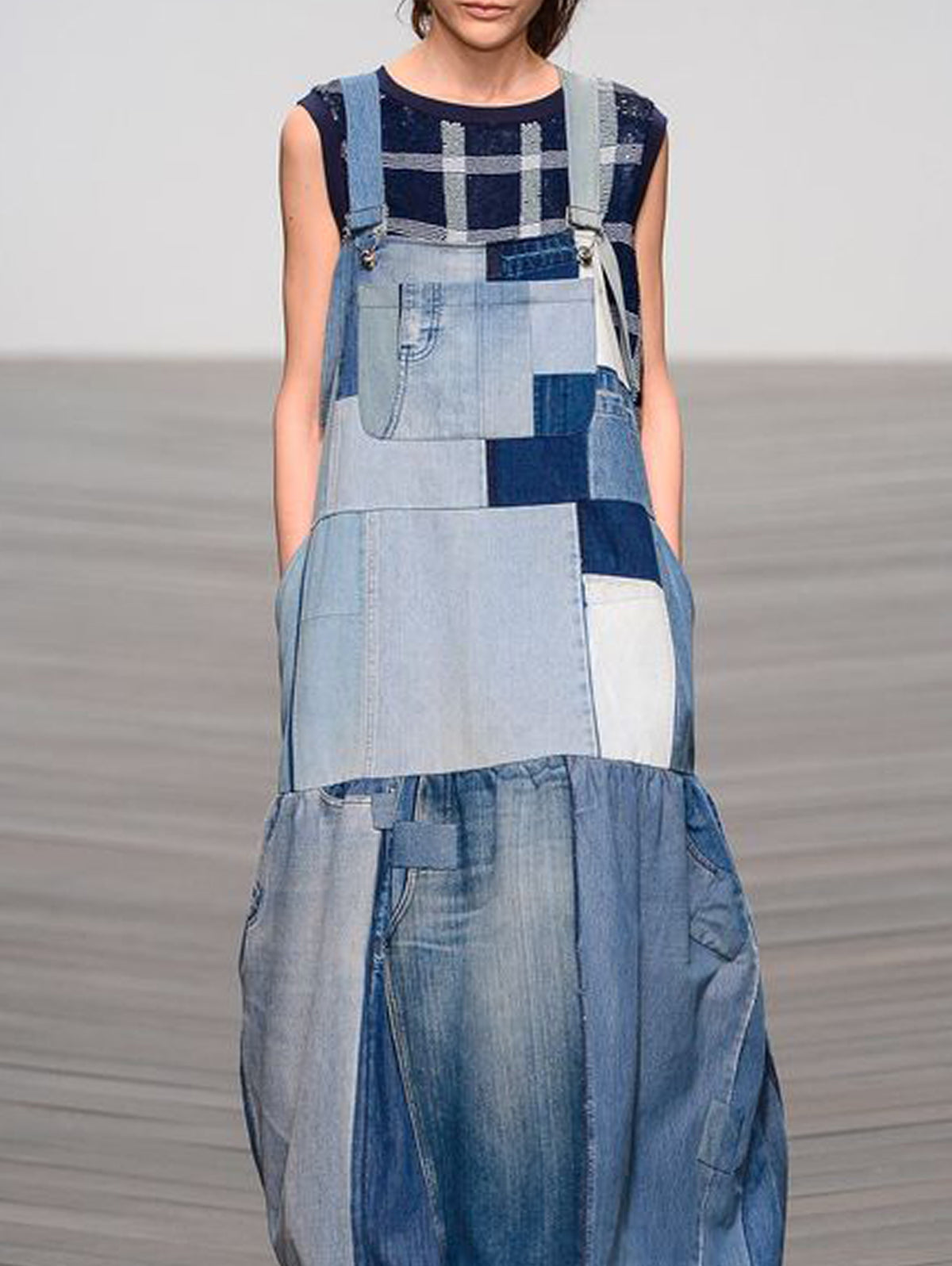 Casual Blue Spliced Denim Pinafore Maxi Dress