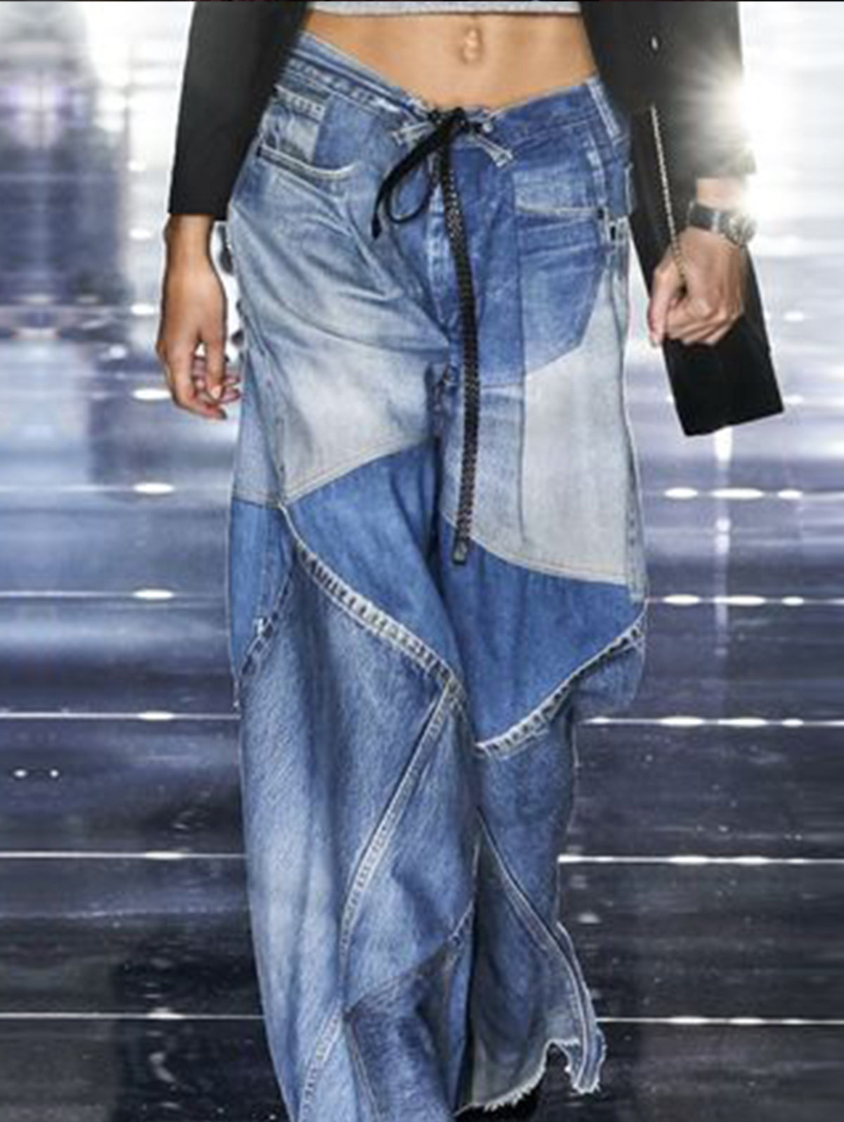 Fashion Plain Spliced Wide Leg Loose Denim Pants