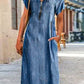 Casual Plain V Neck Zipper Short Sleeve Denim Maxi Dress