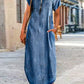 Casual Plain V Neck Zipper Short Sleeve Denim Maxi Dress