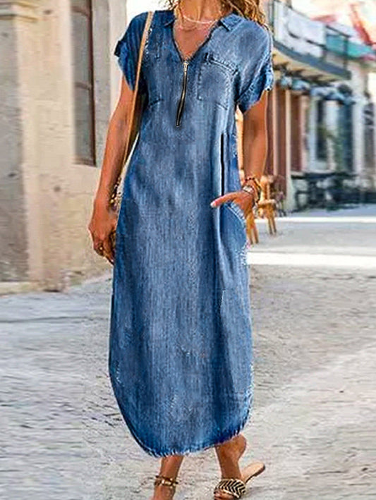 Casual Plain V Neck Zipper Short Sleeve Denim Maxi Dress