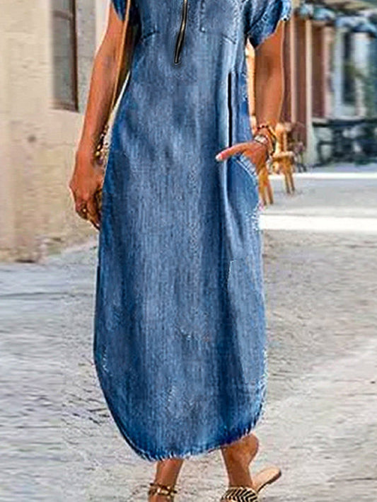 Casual Plain V Neck Zipper Short Sleeve Denim Maxi Dress