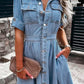 Casual Plain Lapel Collar Short Sleeve Tunic Denim Dress