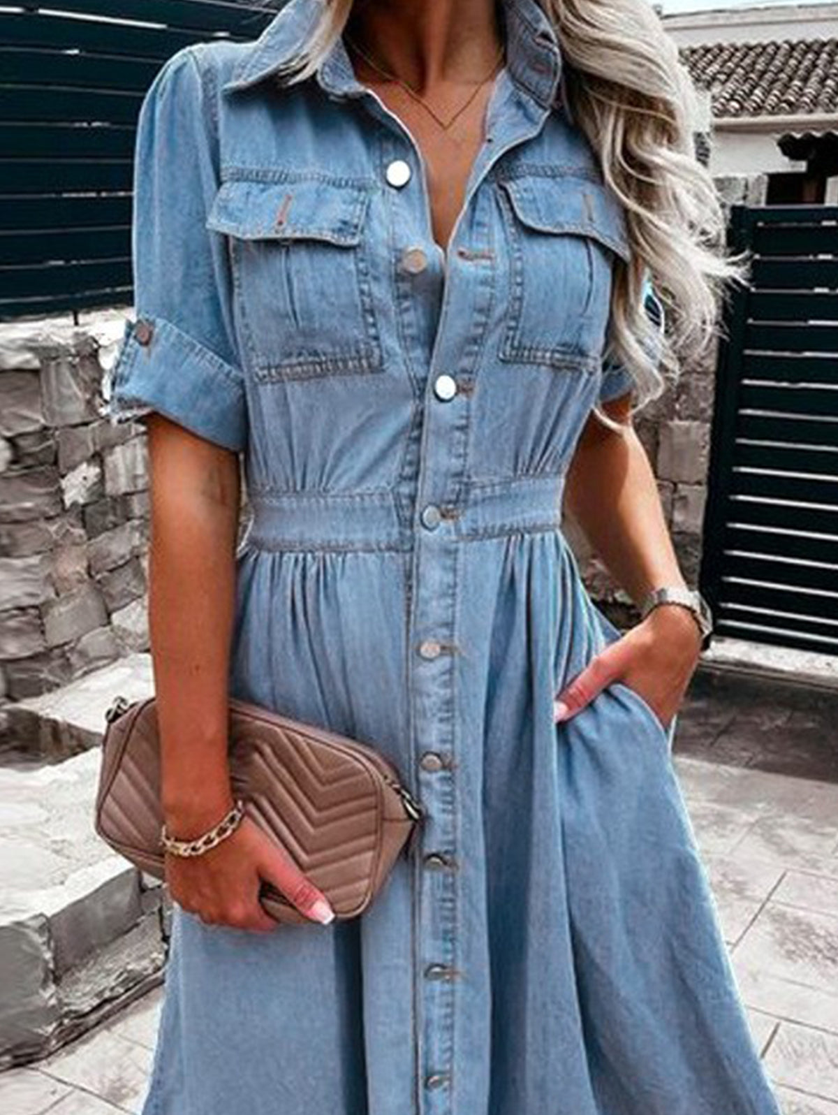 Casual Plain Lapel Collar Short Sleeve Tunic Denim Dress