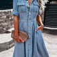 Casual Plain Lapel Collar Short Sleeve Tunic Denim Dress