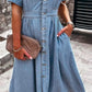 Casual Plain Lapel Collar Short Sleeve Tunic Denim Dress