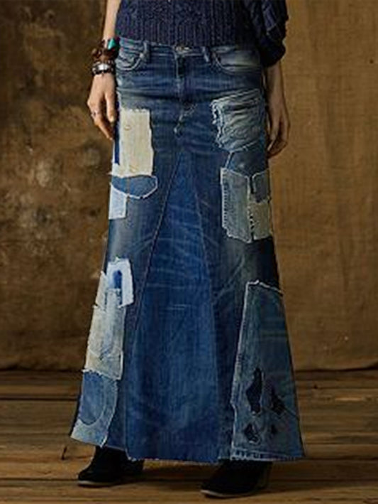 Fashion Blue Spliced Upcycled Denim Skirt