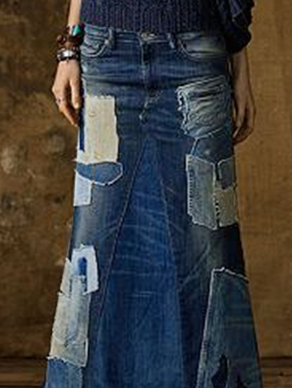 Fashion Blue Spliced Upcycled Denim Skirt