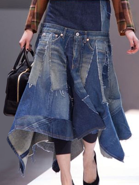 Fashion Spliced Irregular Hem Upcycled Denim Skirt