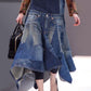 Fashion Spliced Irregular Hem Upcycled Denim Skirt