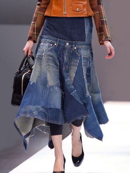 Fashion Spliced Irregular Hem Upcycled Denim Skirt