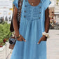 Casual Plain Scoop Neck Button Decor Short Sleeve Denim Dress
