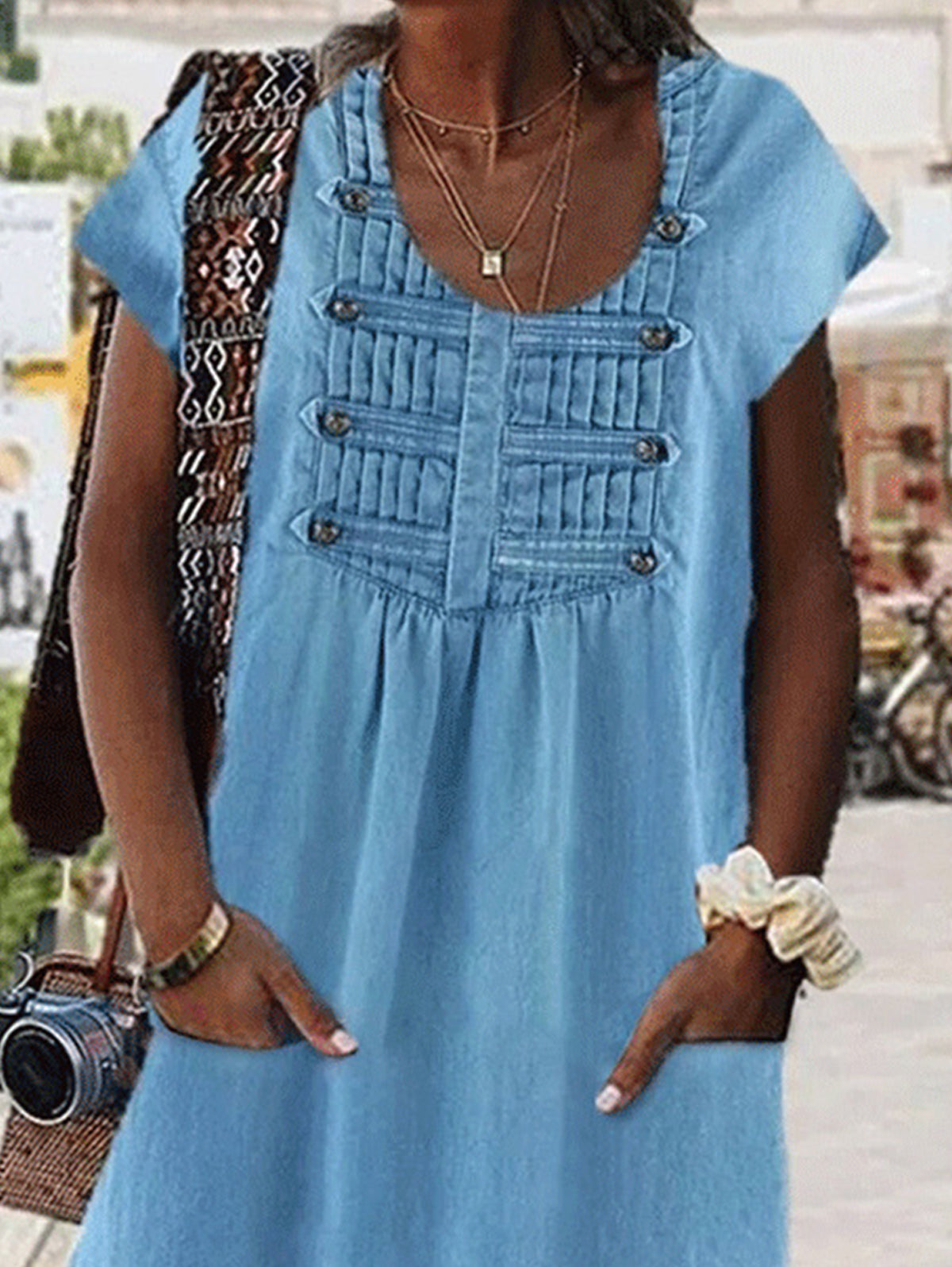 Casual Plain Scoop Neck Button Decor Short Sleeve Denim Dress