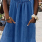 Casual Plain Scoop Neck Button Decor Short Sleeve Denim Dress