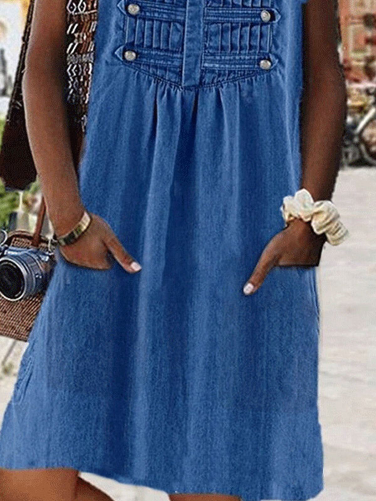 Casual Plain Scoop Neck Button Decor Short Sleeve Denim Dress