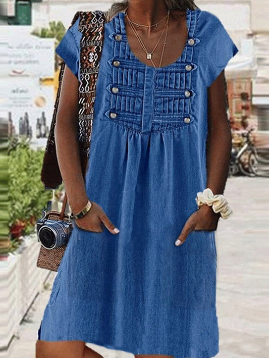 Casual Plain Scoop Neck Button Decor Short Sleeve Denim Dress