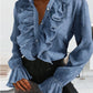 Elegant Plain Ruffled Pressed Pleated Long Flared Sleeve Shirt