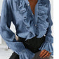 Elegant Plain Ruffled Pressed Pleated Long Flared Sleeve Shirt