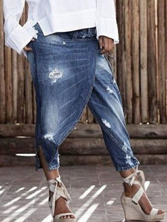 Casual Low Waist Fake Two Layers Ripped Denim Capri Pants