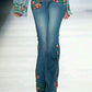 Casual Plain Floral Print Flare Leg Skinny Jeans